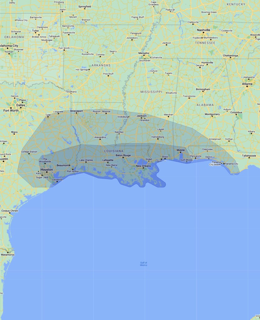 A map highlighting the Gulf Coast region of the United States, covering parts of Texas, Louisiana, Mississippi, Alabama, and Florida. Major cities like Houston, New Orleans, and Mobile are prominently featured at the front. The highlighted area extends into the Gulf of Mexico.